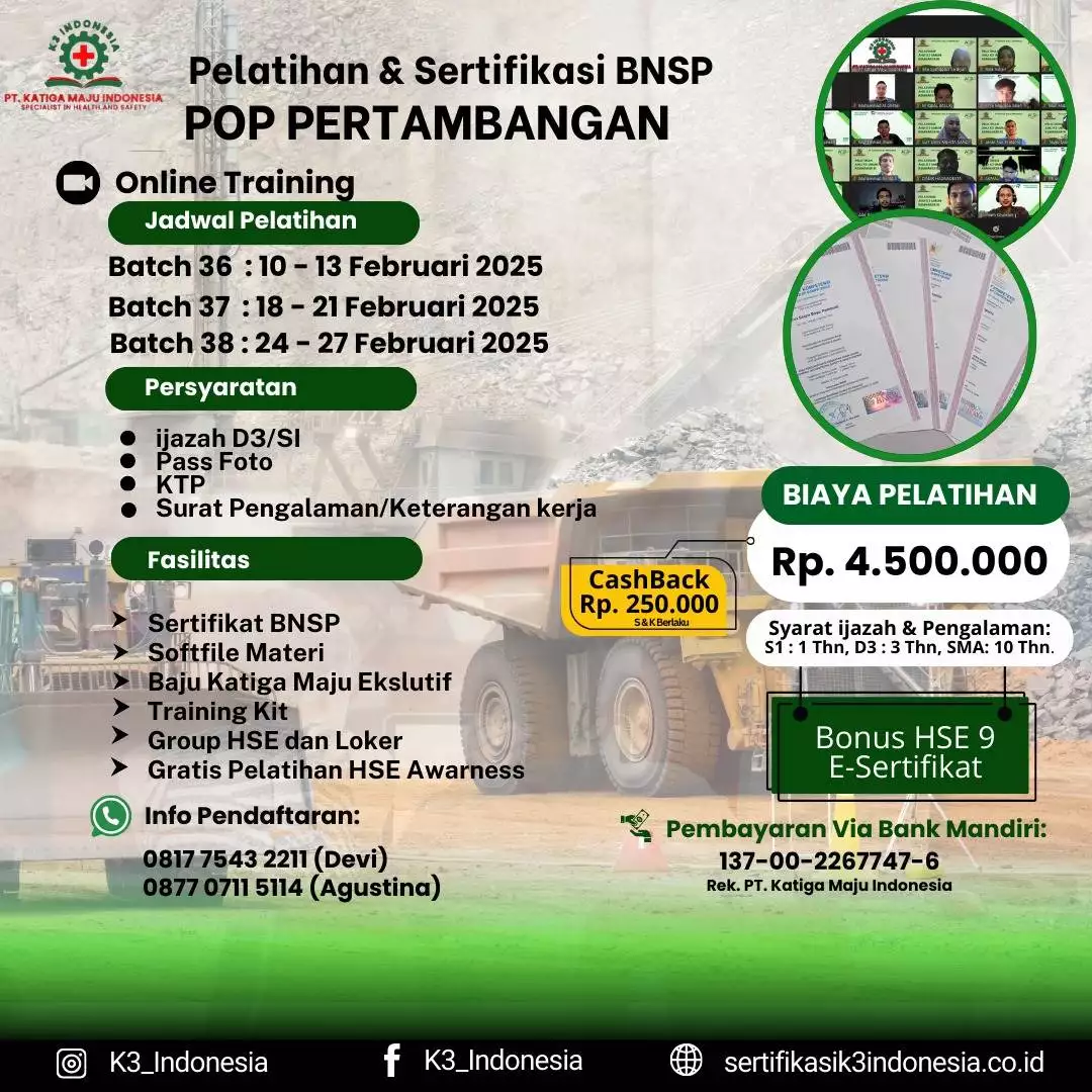 Pengawas Operasional Pertama POP Pertambangan - Pusat Sertifikasi dan Pelatihan K3 - sertifikasik3 indonesia