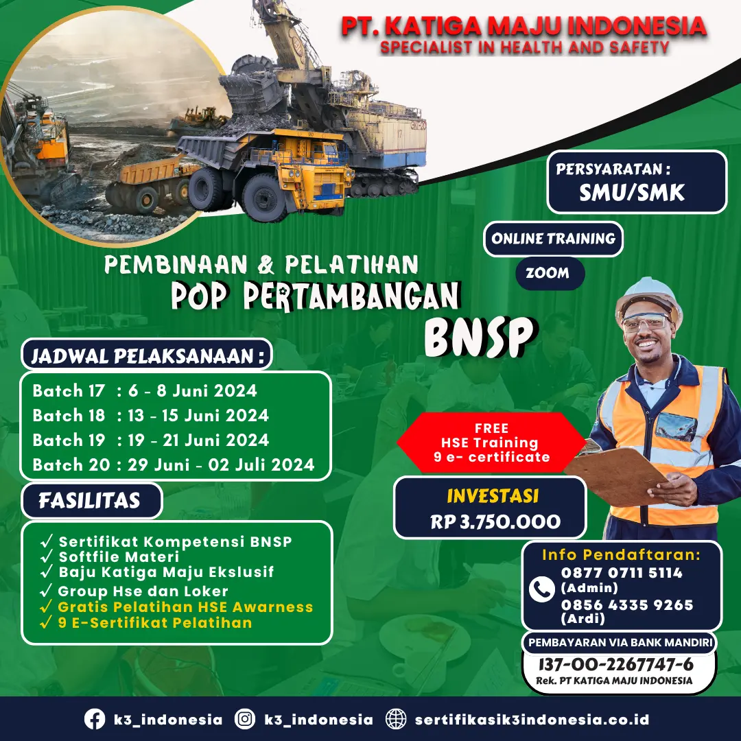 Pengawas Operasional Pertama POP Pertambangan - Pusat Sertifikasi dan Pelatihan K3 - sertifikasik3 indonesia