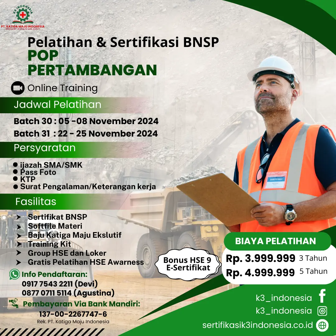 Pengawas Operasional Pertama POP Pertambangan - Pusat Sertifikasi dan Pelatihan K3 - sertifikasik3 indonesia