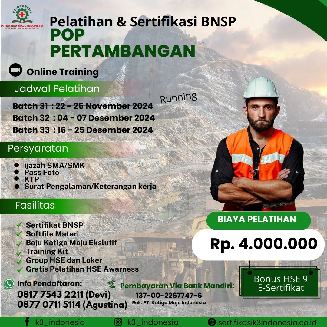 Pengawas Operasional Pertama POP Pertambangan - Pusat Sertifikasi dan Pelatihan K3 - sertifikasik3 indonesia