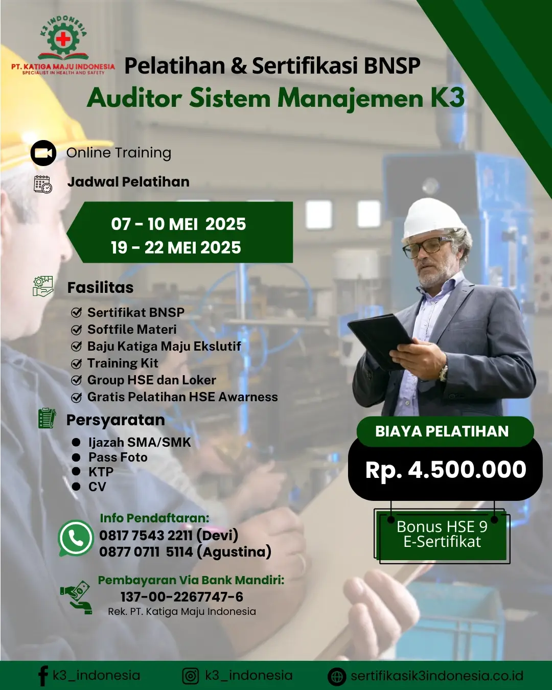 Pelatihan Auditor SMK3 Sertifikasi BNSP Online
