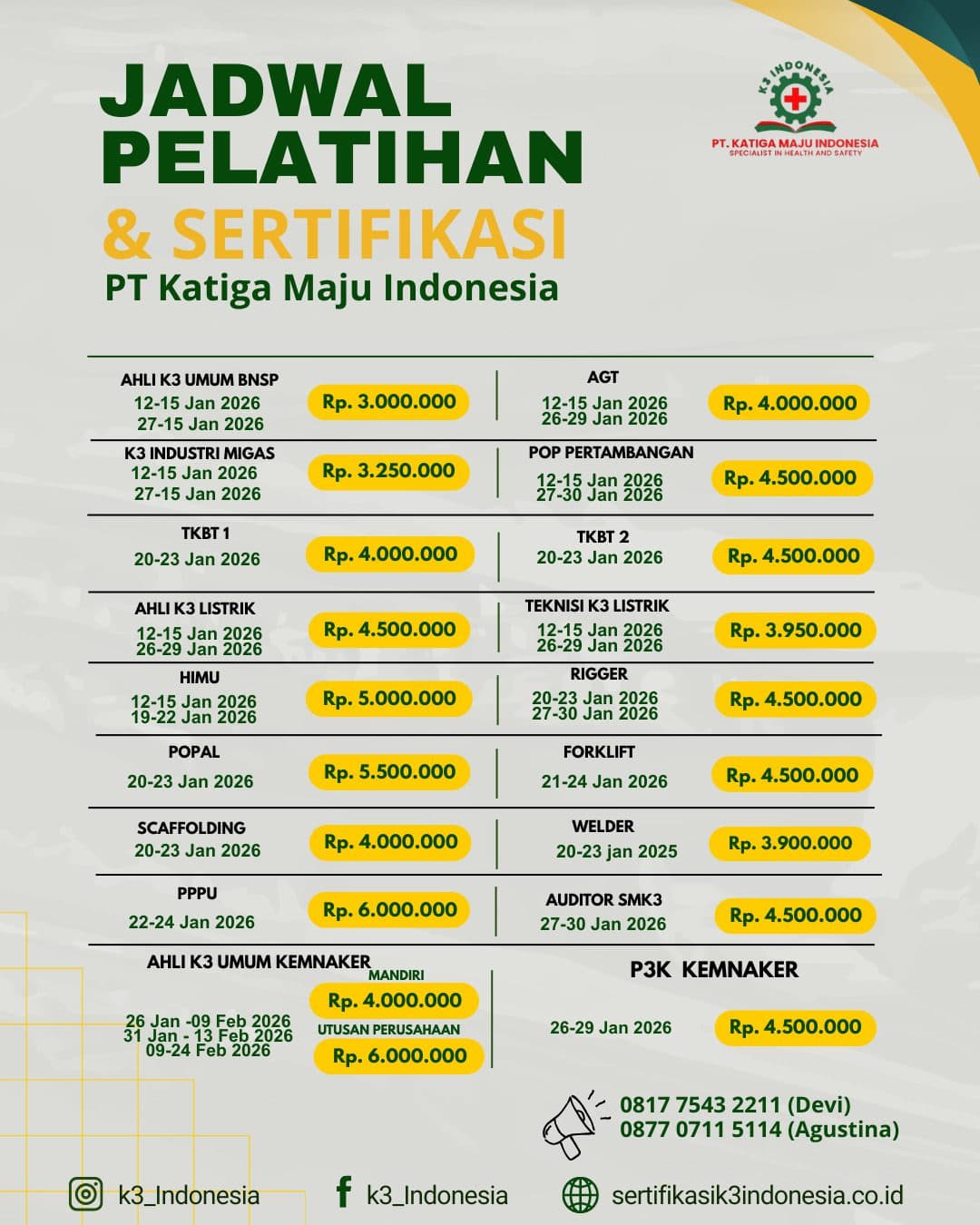 Jadwal Pelatihan PT Katiga Maju Indonesia