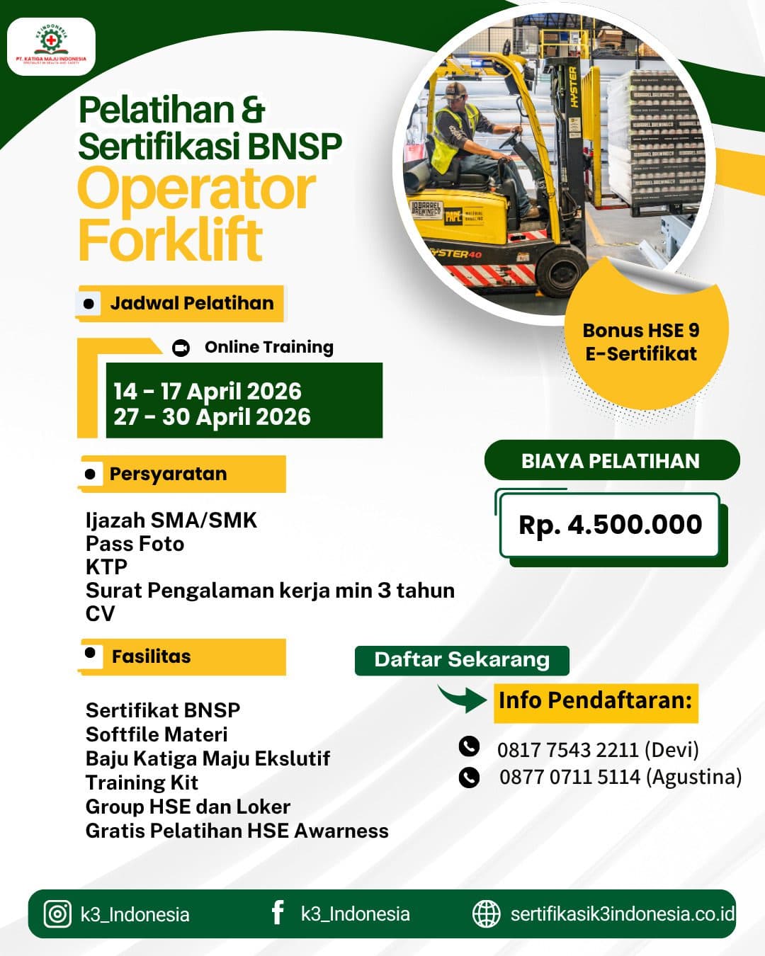 pelatihan operator forklift bnsp